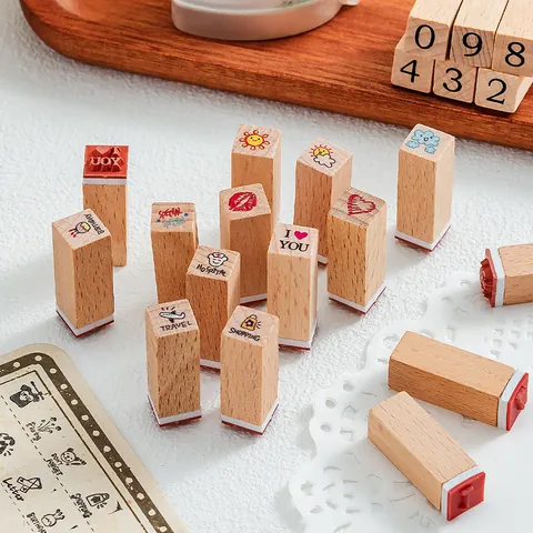 Beech Wood Rubber Stamp Cartoon Travel Weather Number DIY Handbook Decorative Stamps Within Wood Holder
