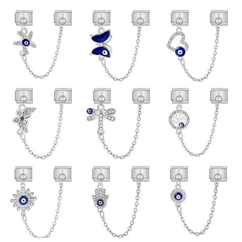 Stainless Steel Italian Charm Link Bracelet Accessory Evil Eye Rhinestone Hamsa Hand Heart Butterfly Starfish DIY Jewelry