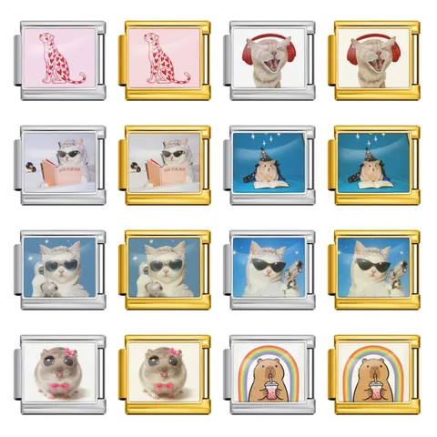 Stainless Steel DIY Italian Charm Bracelet Link Personalized Cute Cat Capybara Animal Pattern Rhinestone Modular Link Accessory Gift