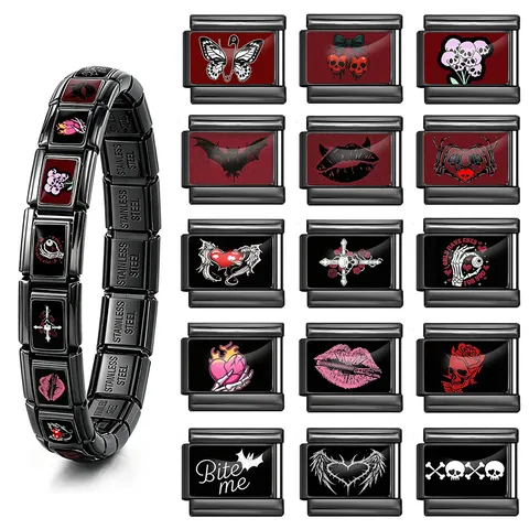 Gothic Nero Acciaio Inossidabile Italian Charm DIY Modulare Link Bracciale Banda Componente Teschio Pipistrello Cuore Pattern Gioielli Accessorio