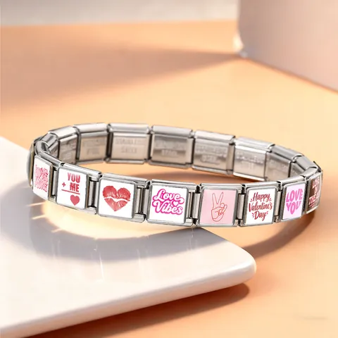 Eslabones de Amuletos Italianos de San Valentín Pulsera Modular de Acero Inoxidable DIY Corazón Love Vibes Joyería Personalizada para Hombres Mujeres Regalos