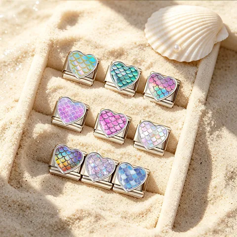 Irisierende Meerjungfrau Fischschuppe Herz Italienisch Charm Link Edelstahl DIY Armband Zubehör Bedruckter Modularer Schmuck Charm