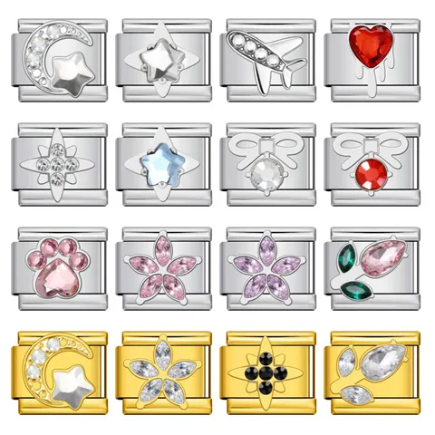 Stainless Steel Italian Charm Link For DIY Bracelet Making Rhinestone Star Heart Paw Pattern Jewelry Accessories
