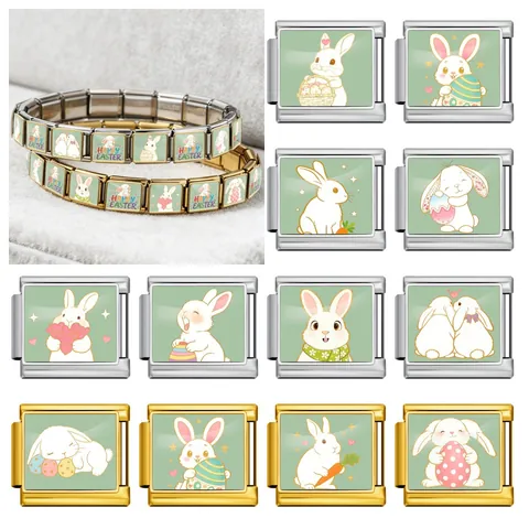 DIY Italian Charm Bracelet Link Stainless Steel Easter Bunny Pattern Happy Easter Pattern Fashion Jewelry Link For Bracelet