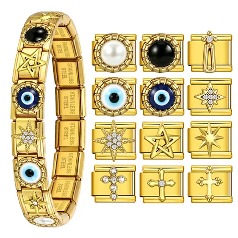 Stainless Steel Italian Modular Bracelet Charm Evil Eye Star Cross Gold Plated DIY Elastic Patchwork Bracelet Links Rhinestone Enamel Jewelry