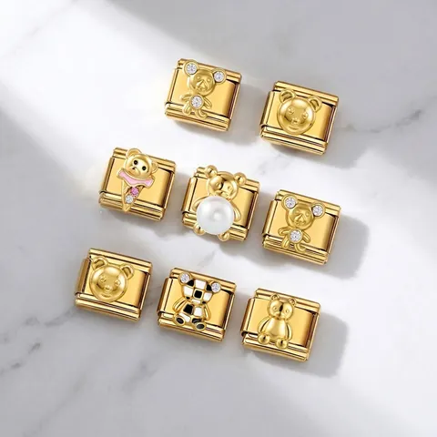 Gold Plated Edelstahl Italienisches Modulares Armband Link DIY Charm Bär Strass Künstliche Perle Emaille Schmuck Für Damen