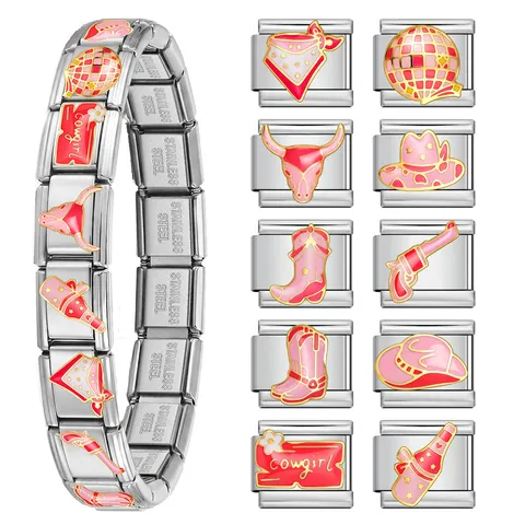 Western Cowboy Rosa Thema Italienische Modulare Armband Links Edelstahl DIY Schmuck Emaille Charm Zubehör Für Damen Herren Geschenk