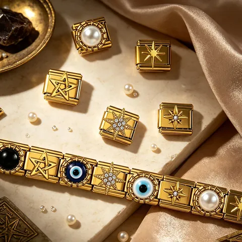 Stainless Steel Italian Modular Bracelet Charm Evil Eye Star Cross Gold Plated DIY Elastic Patchwork Bracelet Links Rhinestone Enamel Jewelry