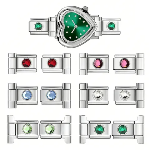 Stainless Steel Italian Charm Links Watch Band Connectors Round Zirconia DIY Bracelet Modular Links Jewelry Making Components