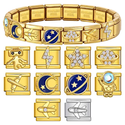 Space Exploration Series Italian Charm Bracelet Links Stainless Steel Astronaut Planet Rocket Airplane Robot Rhinestone Enamel DIY Modular Jewelry Components