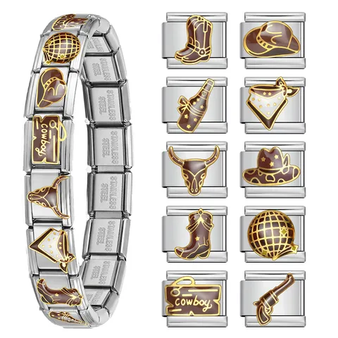Vintage Western Cowboy Italian Charm Bracelet Links Stainless Steel Enamel DIY Jewelry Splicing Bracelet Accessory For Men Women