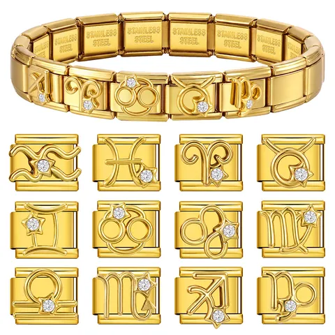 Ciondolo Modulare Italiano in Acciaio Inossidabile Oro con Segni Zodiacali e Strass per Bracciale Gioielli DIY Regalo Donna