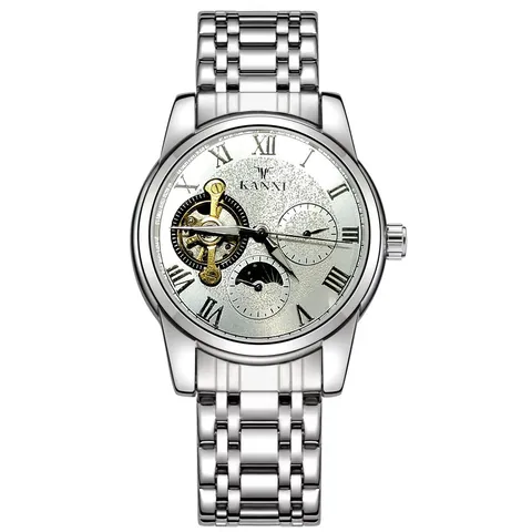 Men Luxury Automatic Mechanical Watch Skeleton Tourbillon Dial Stainless Steel Band Luminous Waterproof Fashion Moon Phase Wristwatch