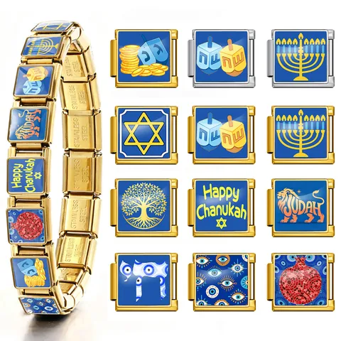 Hanukka Jüdisch Italienisch Charm Armband Glieder Edelstahl DIY Davidsstern Menora Dreidel Löwe Von Juda Charm Glieder