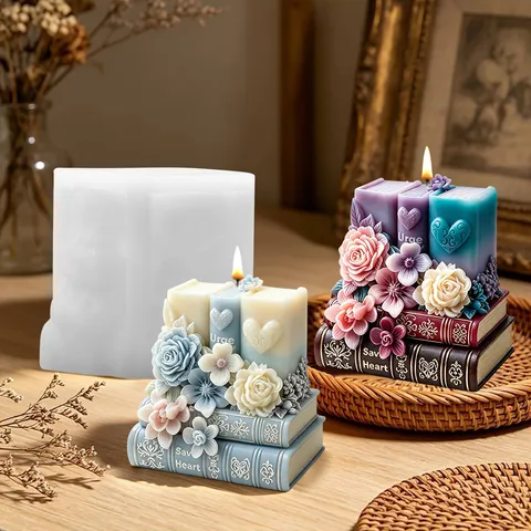 Stampo in Silicone a Forma di Libro con Rose Vintage per Candele Profumate DIY Sapone Fatto a Mano Decorazioni in Gesso