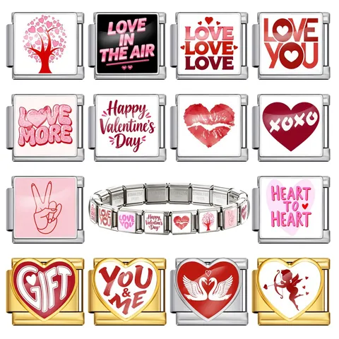 Eslabones de Amuletos Italianos de San Valentín Pulsera Modular de Acero Inoxidable DIY Corazón Love Vibes Joyería Personalizada para Hombres Mujeres Regalos