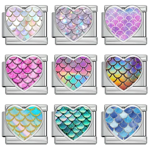 Irisierende Meerjungfrau Fischschuppe Herz Italienisch Charm Link Edelstahl DIY Armband Zubehör Bedruckter Modularer Schmuck Charm