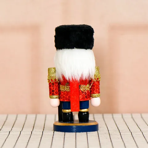 Cascanueces de Navidad de 18cm Soldado Títere Ornamento de Madera Soldado de Lentejuelas Rojas Con Gorro de Piel Negro y Pistola Dorada Decoración Navideña