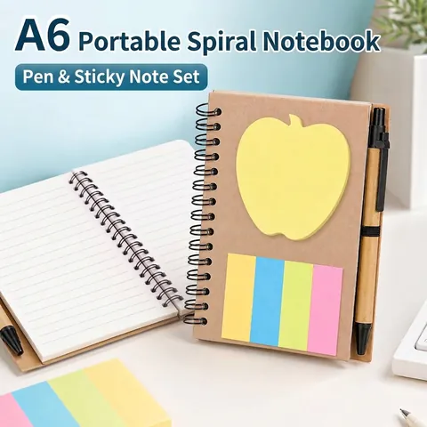 Mini A6 Spiral Notebook Kraft Paper Portable Notepad With Sticky Notes And Pen Simple Student Stationery Office Supplies