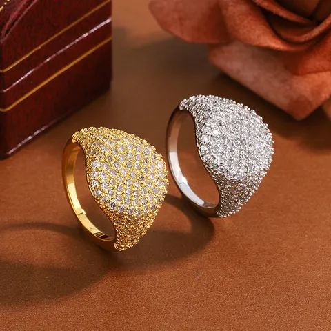 Luxury 18K Gold Plated Copper Rhinestone Pave Ring Oversized Hip Hop Iced Out Statement Ring For Women Jewelry