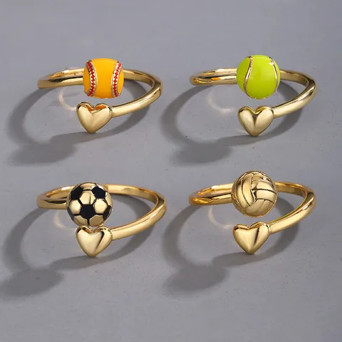 Gold-Plated Copper Sports Themed Open Adjustable Ring Colorful Enamel Soccer Baseball Tennis Heart Rings For Women Jewelry Gift