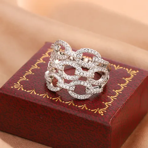 Minimalist Gold Plated Copper Hollow Link Rhinestone Open Ring For Women Luxury Geometric Hexagon Finger Ring Jewelry Gift