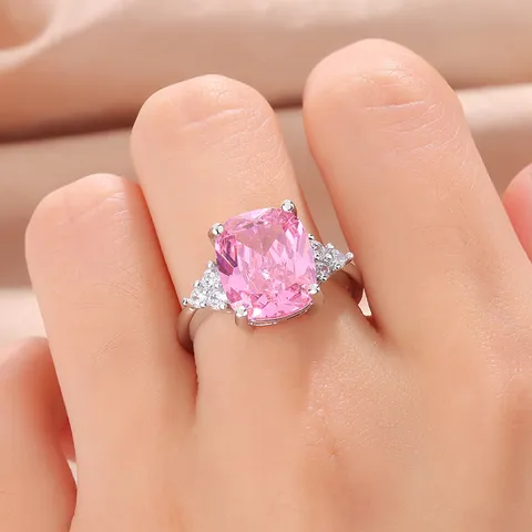 Women's Fashion Copper Pink Rhinestone Ring Silver Plated Cushion Cut Main Stone Engagement Wedding Party Jewelry Gift