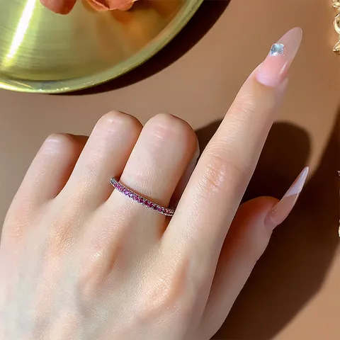 Women Minimalist Stackable Eternity Ring Red Purple Rhinestone Half Circle Inlaid Copper Polished Band Jewelry Finger Ring