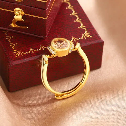 Luxurious Brass Gold Plated Geometric Ring For Women Champagne Oval Rhinestone Inlaid Adjustable Commute Fashion Finger Ring