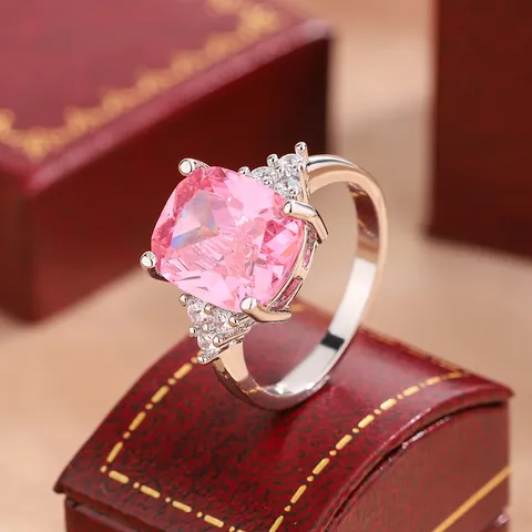 Women's Fashion Copper Pink Rhinestone Ring Silver Plated Cushion Cut Main Stone Engagement Wedding Party Jewelry Gift