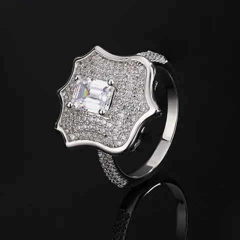 Fashion Men Brass Zirconia Floral Ring Emerald Cut Micro Pave Minimalist Geometric Band Ring Jewelry For Party Gift