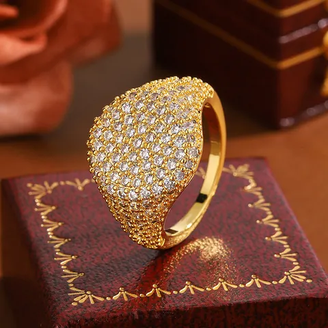 Luxury 18K Gold Plated Copper Rhinestone Pave Ring Oversized Hip Hop Iced Out Statement Ring For Women Jewelry