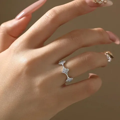 Sweet Fashion Brass Rhinestone Heart Bow Vajra Pestle Open Ring For Women Adjustable Niche Design Elegant Jewelry Gift