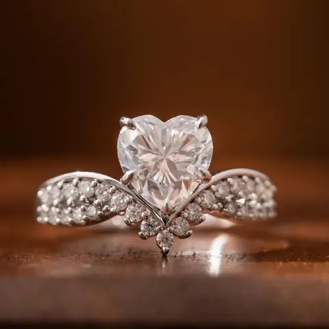 Elegant Copper Heart Shaped Crown Ring For Women Fashion Rhinestone Inlaid Princess Style Finger Ring Party Jewelry Gift