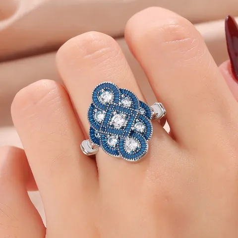 Vintage European Style Gold Plated Copper Sapphire Blue Enamel Ring With Rhinestones Geometric Hexagon Design Fashion Jewelry For Women Gift