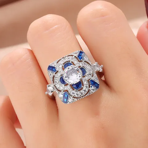 Vintage Art Deco Square Flower Ring For Women Copper Zirconia White Blue Gemstone Wedding Anniversary Gift Band Ring KYRA0377