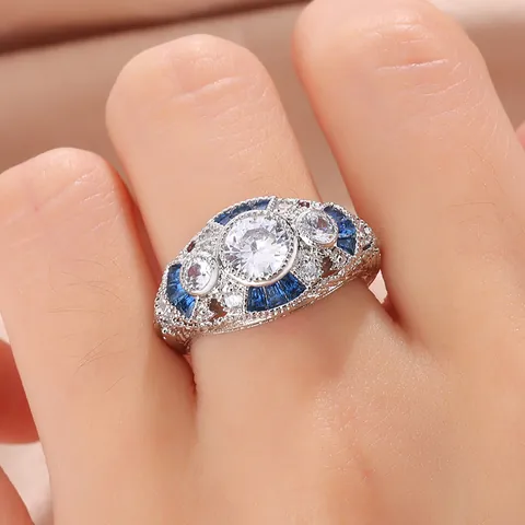Vintage Art Deco Copper Zirconia Engagement Ring For Women Luxurious Rhinestone Blue Topaz Color Geometric Party Finger Ring