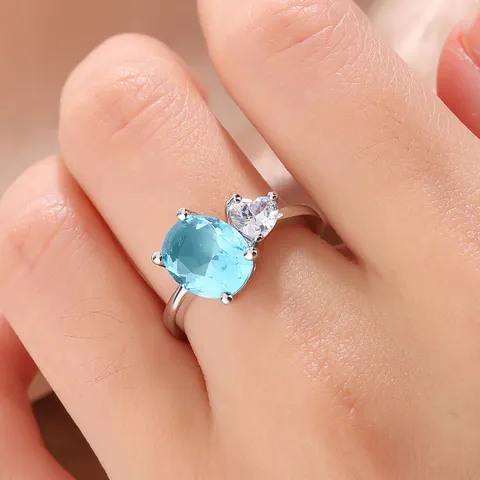 Women Minimalist Copper Deep Sea Blue Oval Rhinestone Ring Elegant Heart White Stone Micro-Pave Engagement Wedding Jewelry
