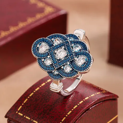 Vintage European Style Gold Plated Copper Sapphire Blue Enamel Ring With Rhinestones Geometric Hexagon Design Fashion Jewelry For Women Gift