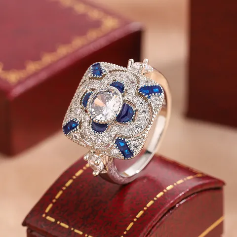 Vintage Art Deco Square Flower Ring For Women Copper Zirconia White Blue Gemstone Wedding Anniversary Gift Band Ring KYRA0377