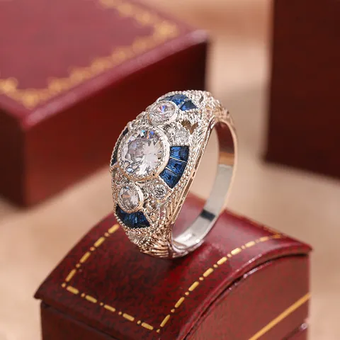 Vintage Art Deco Copper Zirconia Engagement Ring For Women Luxurious Rhinestone Blue Topaz Color Geometric Party Finger Ring