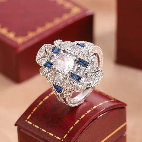 Anello in Rame Zirconia Stile Palazzo Vintage Francese Motivo Floreale Traforato Pietra Blu Bianco Lusso Banchetto Gioielli Donna