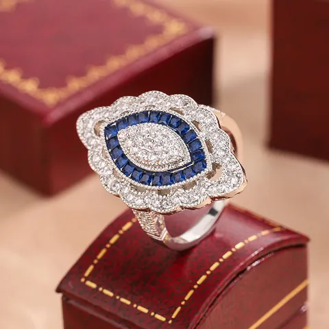 Luxus Kupfer Zirkonia Marquise Ring Für Damen Blautopas Verlobungsring Vintage Galvanisierter Geometrischer Fingerring Schmuck