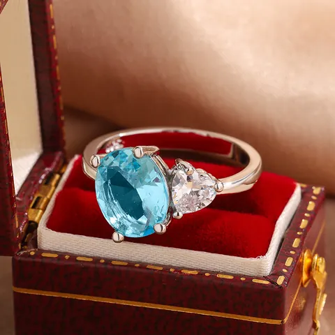 Women Minimalist Copper Deep Sea Blue Oval Rhinestone Ring Elegant Heart White Stone Micro-Pave Engagement Wedding Jewelry