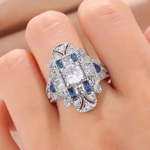 Anello in Rame Zirconia Stile Palazzo Vintage Francese Motivo Floreale Traforato Pietra Blu Bianco Lusso Banchetto Gioielli Donna