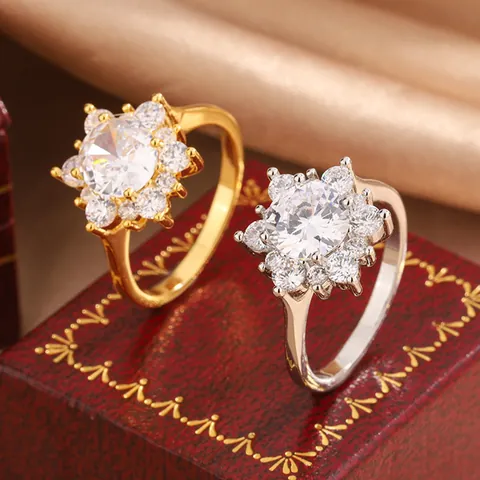 Sunflower Snowflake Hexagon Copper Zirconia Ring For Women Gold Silver Plated Inlaid Wedding Party Geometric Fashion Finger Ring Gift