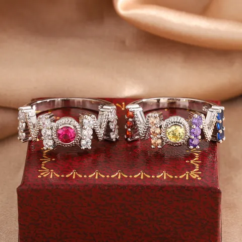 Fashion Silver Plated Copper MOM Letter Ring For Women Inlaid Red Multicolor Zirconia Heart Shape Anniversary Jewelry Gift