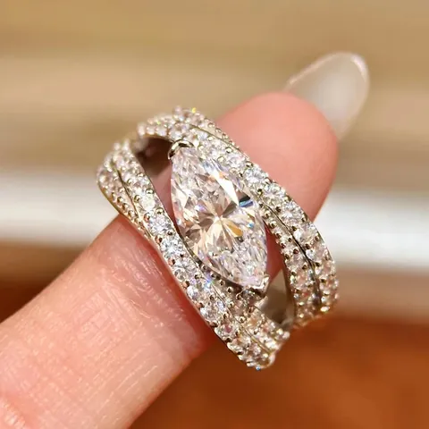 European American Marquise Zirconia Open Ring Light Luxury Micro Pave Cross Triple Layer Copper Ring For Women Gift