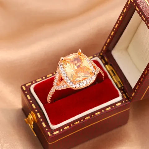 Fashion Copper Rose Gold Plated Rectangular Yellow Zirconia Ring Micro Pave White Zircon Jewelry Light Luxury Princess Engagement Ring For Women