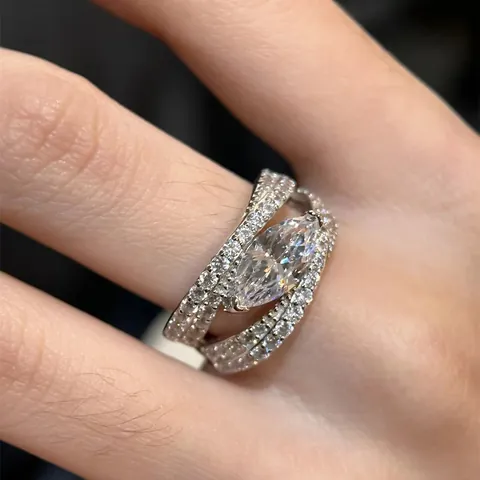 European American Marquise Zirconia Open Ring Light Luxury Micro Pave Cross Triple Layer Copper Ring For Women Gift